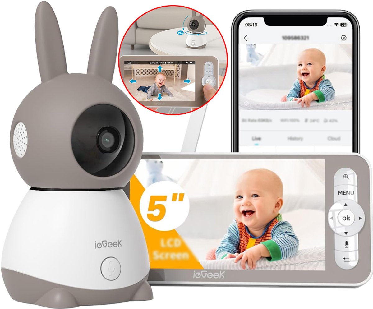 Babyfoon met Full HD camera - 5.0 Inch HD Baby Monitor - 2K 3MPx Camera - Touchscreen Monitor- & Gratis App - Ultrahelder Nachtzicht – Pan-Tilt – 4× Zoom
