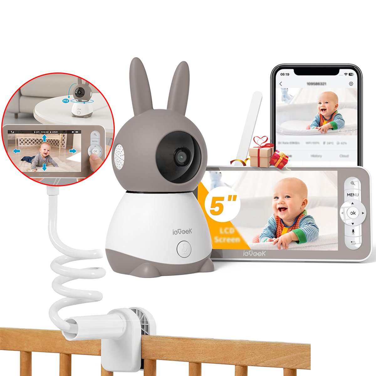 Babyfoon met Full HD camera - 5.0 Inch HD Baby Monitor - 2K 3MPx Camera - Touchscreen Monitor- & Gratis App - Ultrahelder Nachtzicht – Pan-Tilt – 4× Zoom - Beugel