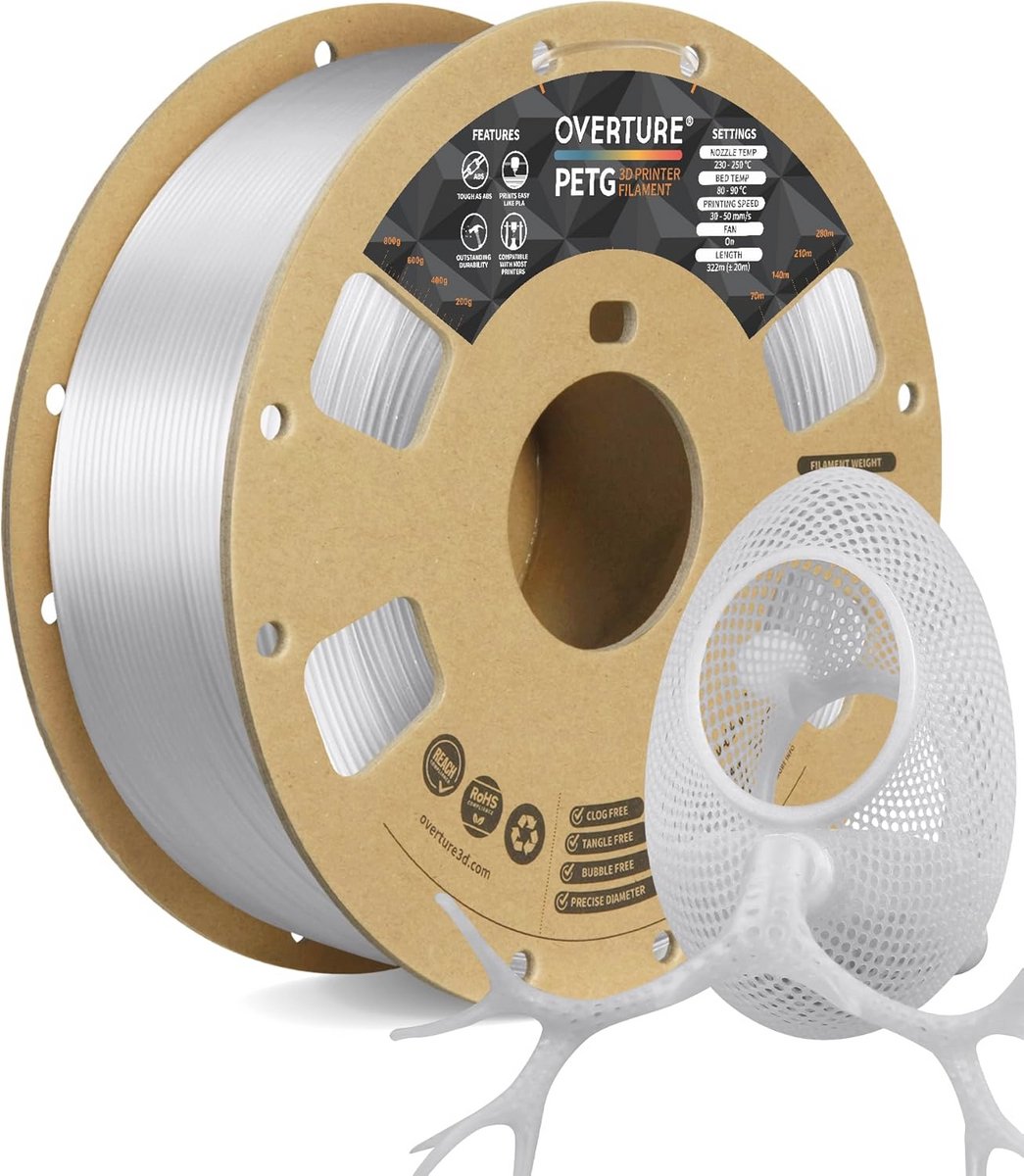 Transparant PETG Filament 1,75 mm - 1 kg Spoel voor 3D-printers met Nauwkeurigheid van +/- 0,02 mm