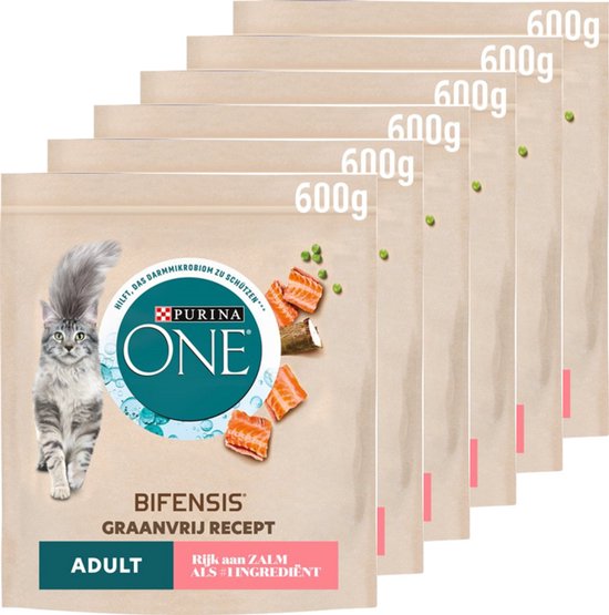 PURINA® ONE® Graanvrij Adult - Kattenbrokjes - Zalm - 6 x 600 g
