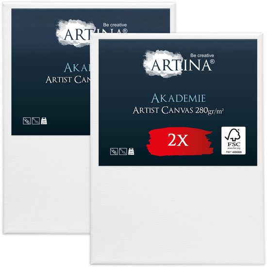 Verpakking met twee Artina Akademie canvasdoeken van 70x100 cm, 280 gr/m², met FSC® houten spieraam.