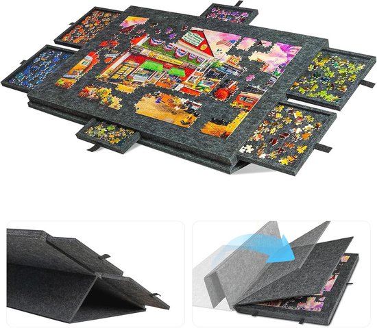 Piashow Table de puzzle inclinable pour 1000 pièces, en feutre léger avec 6 tiroirs de tri, portable, avec support et couvercle réglables, gris argenté