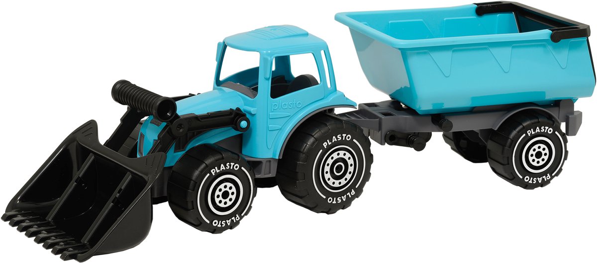 Plasto Tractor met Voorlader en Aanhanger Turquoise 57 cm - Speelgoedvoertuig - Complete Set - Grote Tractor - Stevig Kunststof - Gemaakt in Finland - Vanaf 1 Jaar