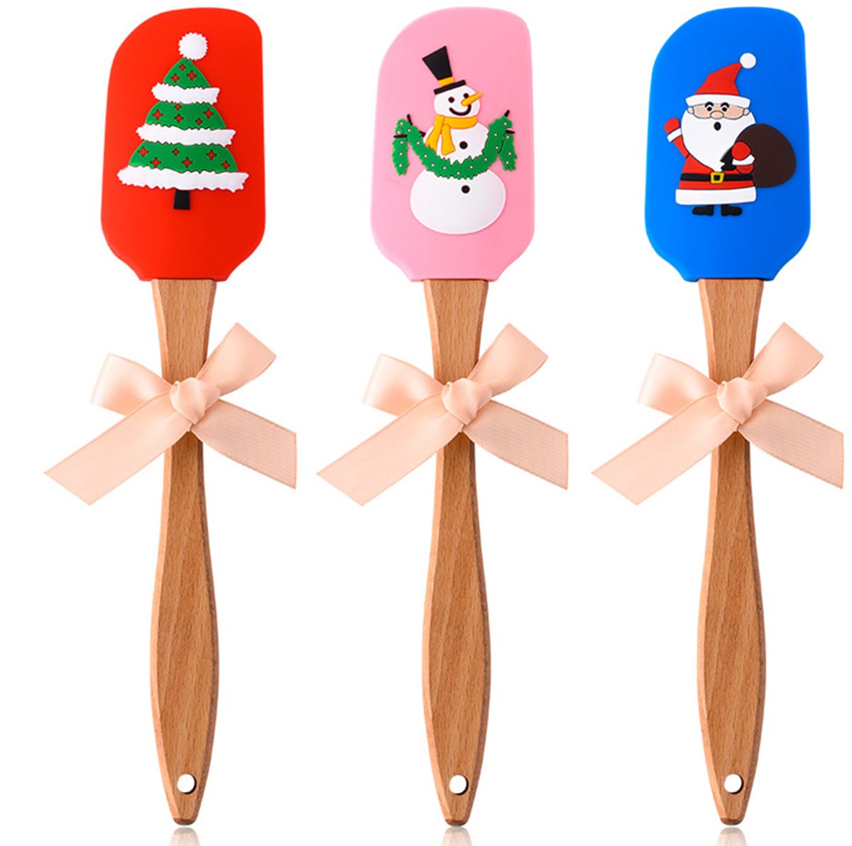 Kerst Siliconen Spatel Set - 3 Stuks - Kerstman Kerstboom Sneeuwpop - Houten Handvat - Cake Decorating Bakken Geschenk