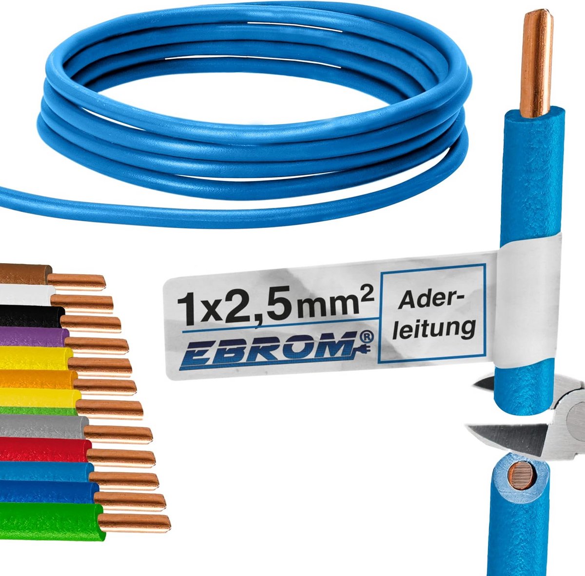 Stijve PVC Aderleiding - H07V-U 2,5 mm² - Lichtblauw - Verkrijgbaar in Lengtes van 10 tot 100 Meter