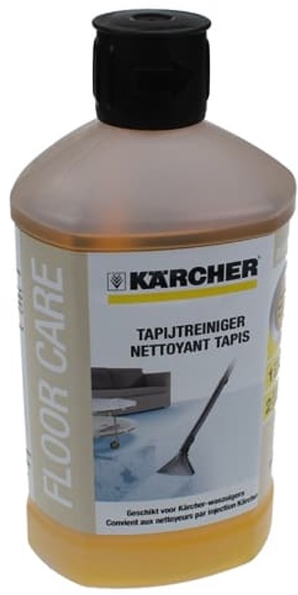 Kärcher fles met gele vloeistof, "FLOOR CARE" en "TAPUFORMULER NETTOYANT TAPIS"
