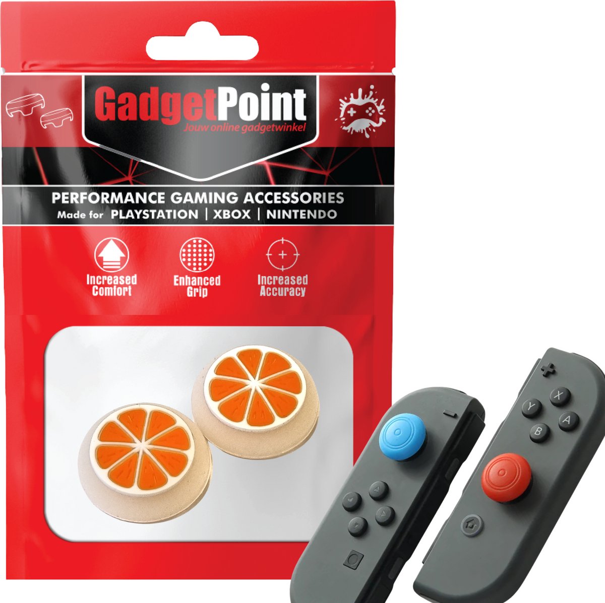 Gadgetpoint - Thumb Grips voor Nintendo Switch Joy-Con Controllers - Gaming Thumbgrips - Performance Anti-Slip Thumbsticks - Bescherming Accessoires - Fruit - Oranje met Wit