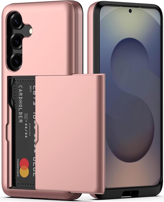Coque de téléphone rose avec compartiment porte-cartes visible et téléphone.