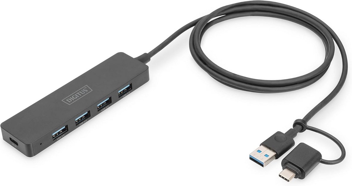Slimme 4-poorts USB 3.0 Hub met USB-C Adapter - 5 Gbps Gegevensoverdracht - Compact Ontwerp