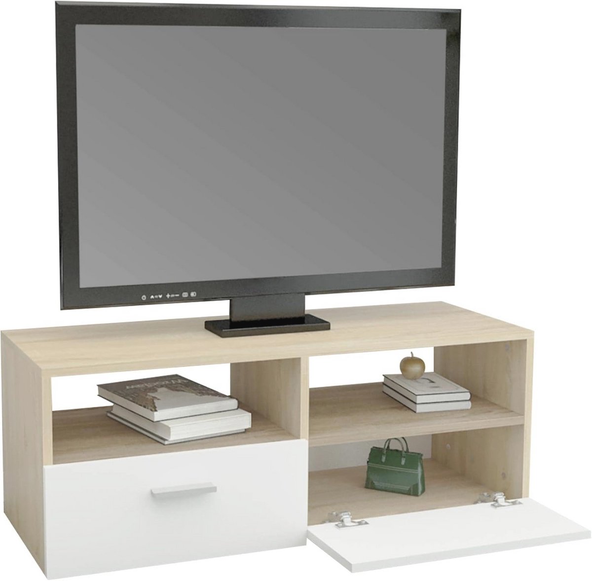 Moderne Houten TV Lowboard in Wit/Natuur met Opbergruimte - 95x36x35cm