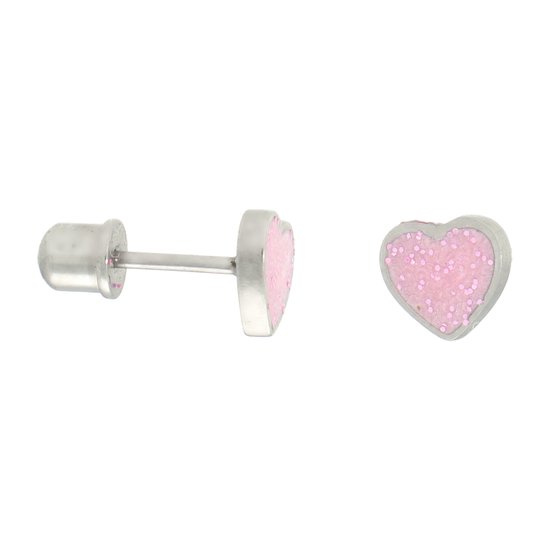 La Rosa Princesa Boucles d'oreilles en forme de cœur rose couleur argent Glitter fille – acier chirurgical 316L – hypoallergénique – fermeture à vis