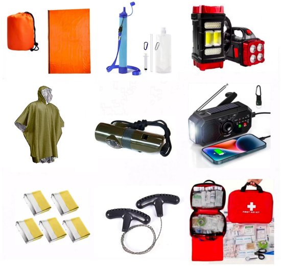 Gabrys® Compleet Noodpakket Alles in 1 – Overlevingspakket met Waterfilter - Staaldraadzaag - 184-delige EHBO Tas - Draagbare Lamp - Noodradio - Regenjas - Slaapzak & Nooddekking - 7-in-1 Noodfluitje - voor thuis - reizen & Rampen - 196 delig Pakket