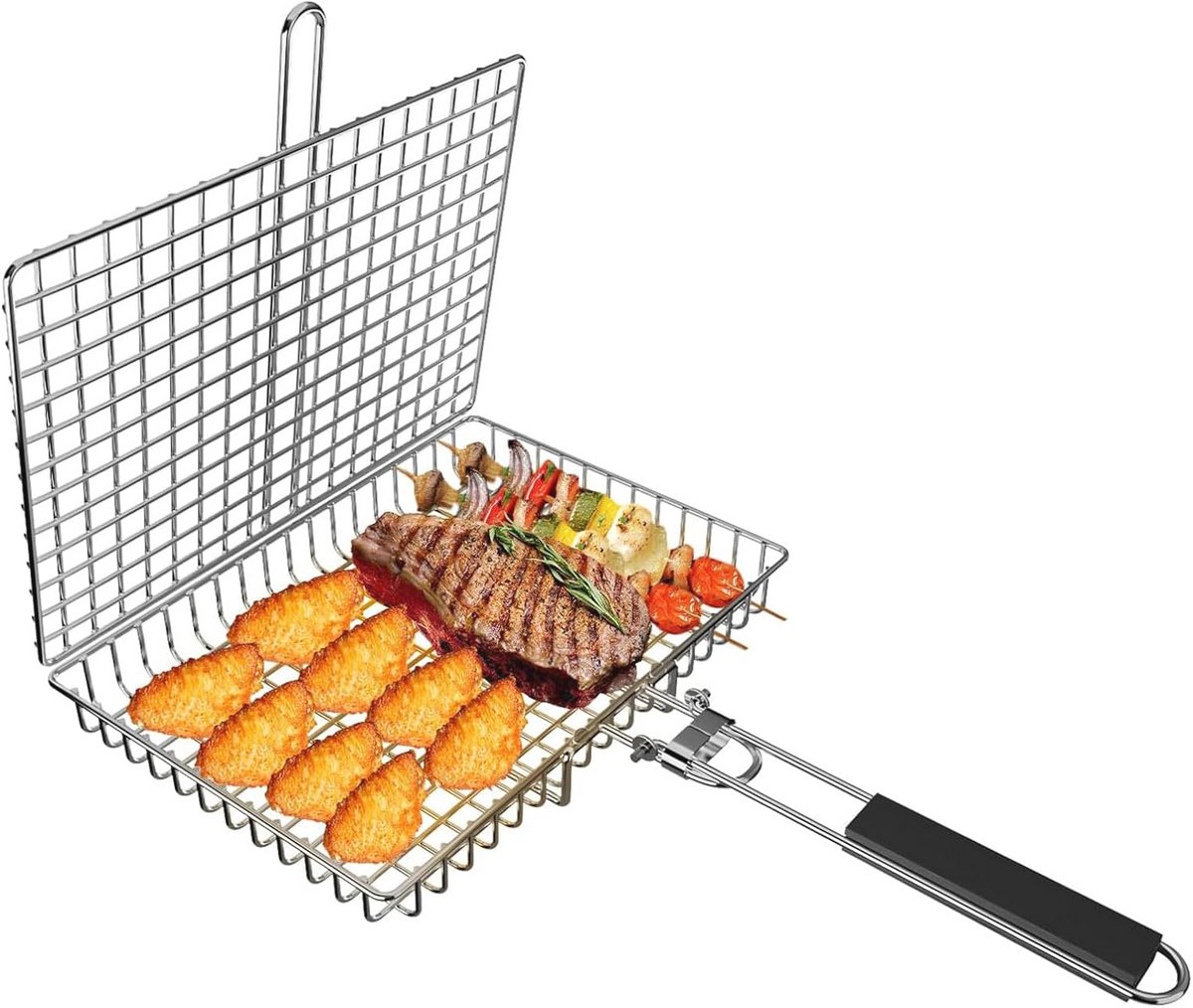 Opvouwbare Roestvrijstalen Grillmand voor Vis en Groenten