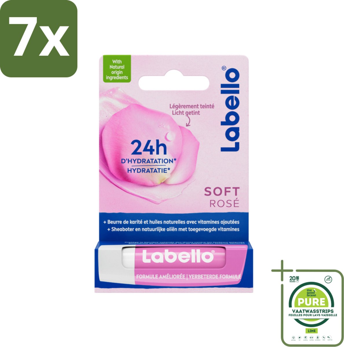 7 x Labello – Lippenbalsem – Soft Rosé – Lippenbalsem – 24H Hydratatie - Grootverpakking - Hydraatende Lippenbalsem - Roze Lippenbalsem - Lippen Verzorging - Natuurlijke Lippenkleur - Rozenextract