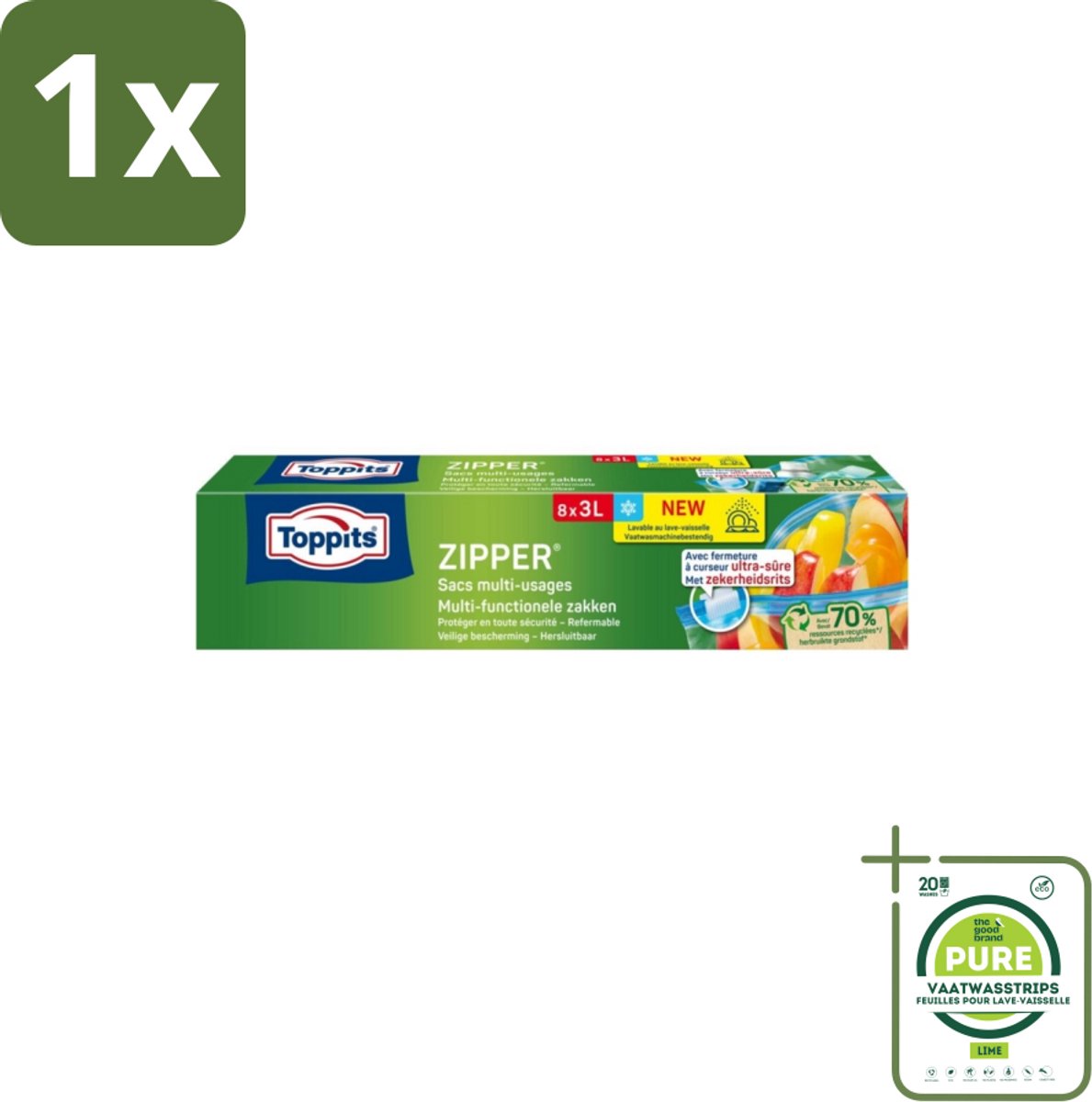 1 x Toppits – Zipper Multifunctionele Zakken – 3 Liter – 8 Zakjes - Zipper Zakken - Lekvrij - Herbruikbaar - Marineren - Etenswaren Bewaren