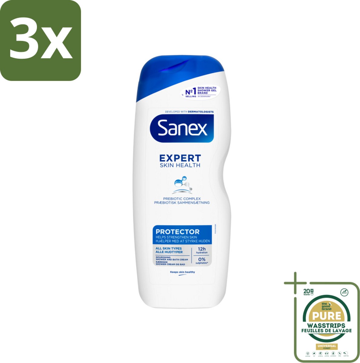 3 x Sanex – Douchegel – Expert Skin Health Protector – 600 ml - Grootverpakking - Kabel - Kabels - Kabelsysteem - Kabelsysteem