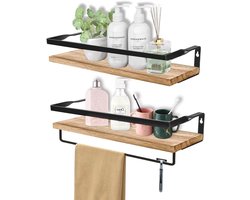 QINERSAW Set van 2 zwevende wandplanken met handdoekhouder, zwevende planken, houten plank, zwevende planken, houten wandplank voor keuken, hangend, badkamer, rustieke plank, muur, slaapkamer, bruin,