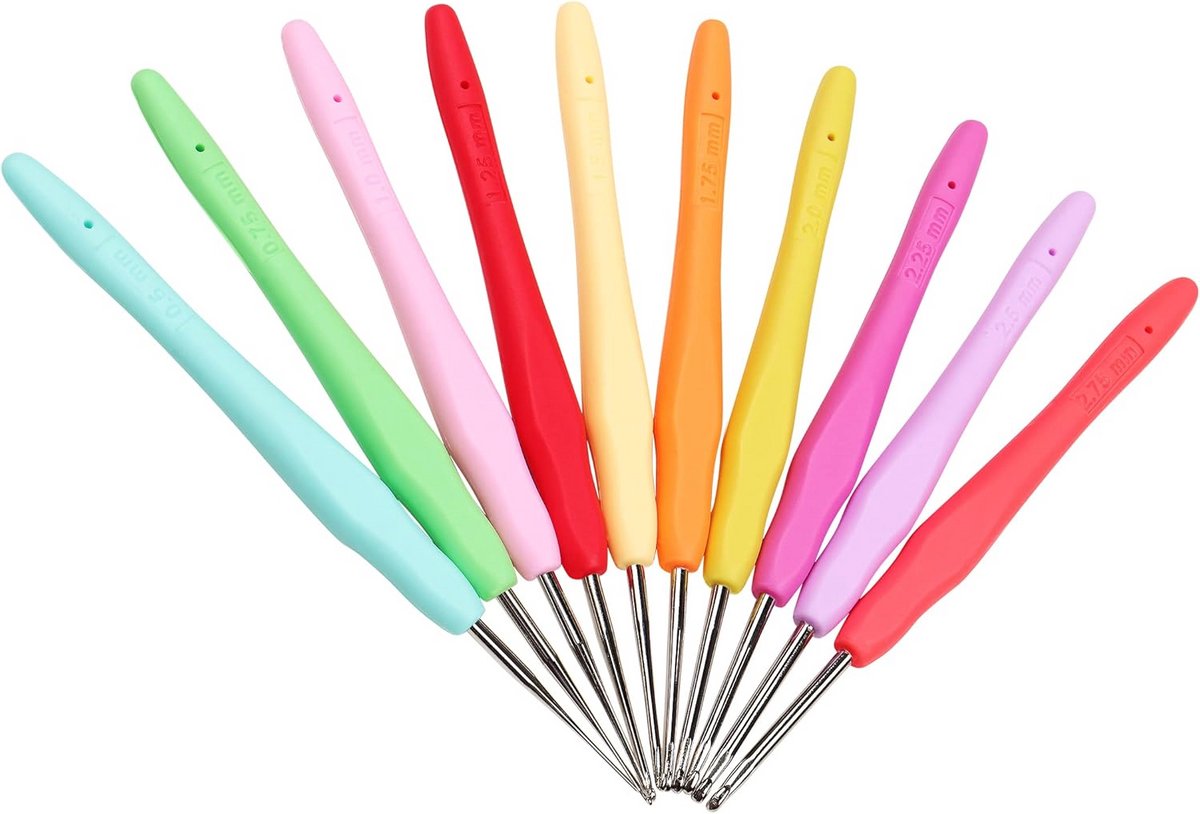 Set van 10 klassieke mini-haaknaalden met zachte grip, 0,5 - 2,7 mm, voor kant en dun garen