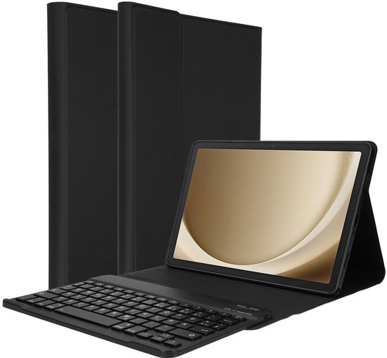 Zwarte tablet bookcase met geïntegreerd QWERTY Bluetooth toetsenbord, tablet geopend in stand.