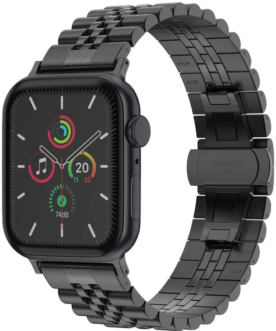 Zwart, stalen horlogebandje met schakels om een Apple Watch.