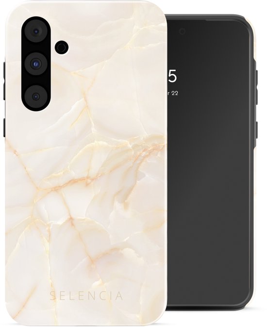 Coque de téléphone crème à motif marbre à côté d'un téléphone noir.
