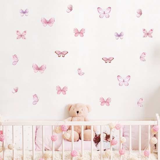 Muursticker - Muursticker Kinderkamer - Sticker mural coloré - Muursticker avec papillons - Décoration intérieure - PVC auto-adhésif - Kinderkamer - Convient pour le salon, la chambre d'enfant et la chambre à coucher - 3 feuilles - Rose