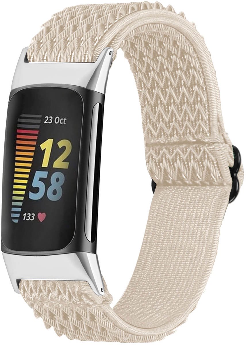 Elastisch nylon bandje - Geschikt voor Fitbit Charge 5 - Beige