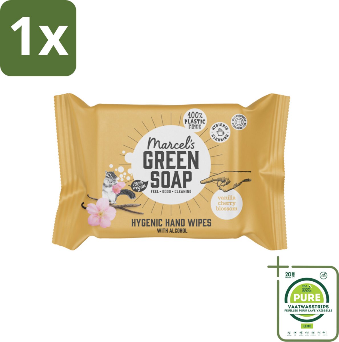 1 x Marcel's Green Soap - Hand doekjes - Vanille & Cherry Blossom - Mild & handig - 15 Doekjes - Hygiënische Handdoekjes - Handreiniger - Natuurlijke Zeep - Biologische Oliën - Alcoholvrije Handdoekjes