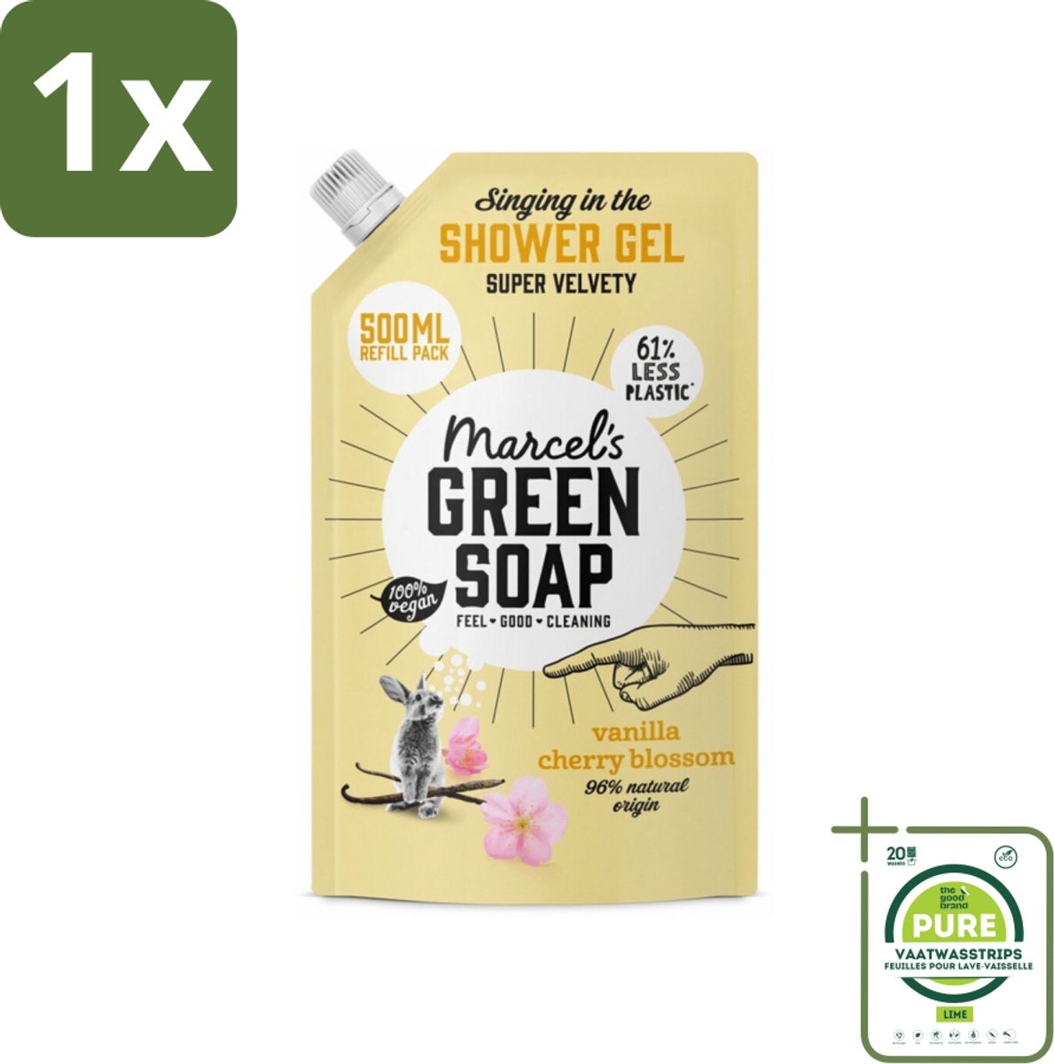 1 x Marcel's Green Soap - Shower Gel - Navulling - Vanille & Kersenbloesem - Krachtige werking - 500 ml - Douchegel - Navulverpakking - Biologische Douchegel - Vegan Douchegel - Natuurlijke Ingrediënten
