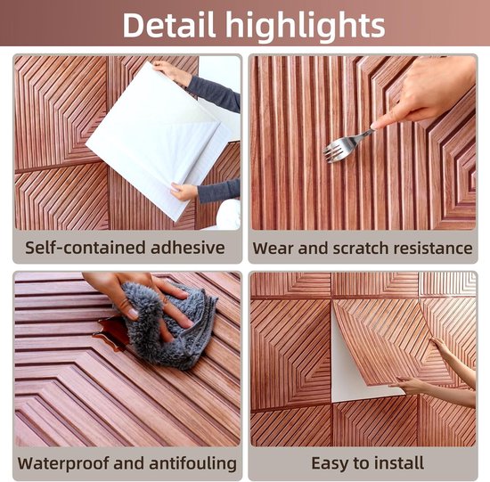 Panneaux muraux 3D autocollants en bois - Revêtement mural en bois - Autocollants - Panneaux muraux 3D pour décoration murale - Panneau acoustique décoratif - 30x30 cm (Rouge brique)