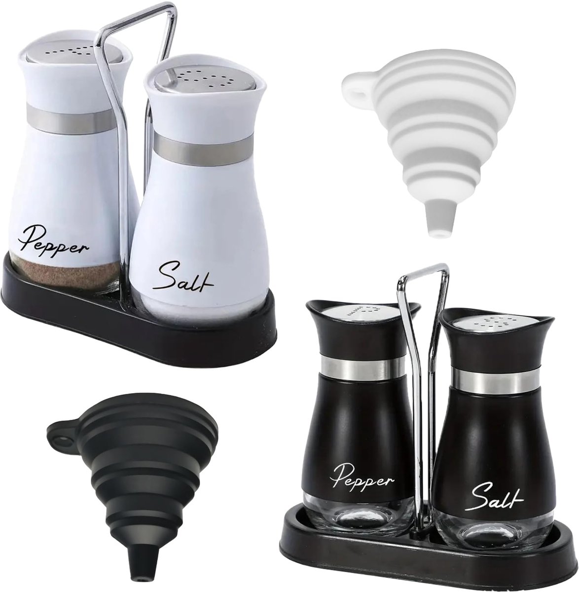 IMPERATORIS® Mini Zoutvaatjes Set – Elegant en Praktisch – Zoutvaatjes van Glas en Roestvrij Staal – Geschikt voor Keuken en Tafel – Zout- en peperstrooierset met houder - set van 4 Zwart-wit