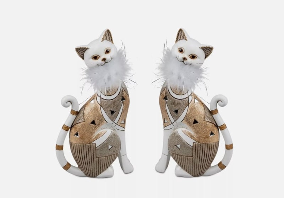 Poes - Beeld - Kat - 2 set - 23x12x6cm - Polyserin - Goud - Wit - Spiegel - Pluche
