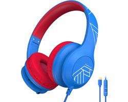 PowerLocus PLED Wired Kinder Koptelefoon met Draad USB-C - Koptelefoon voor kinderen - Veilig volume van 85dB en 94dB - Hoofdtelefoon - Met microfoon - Sharing Audio Functie - USB-C Blauw/Rood