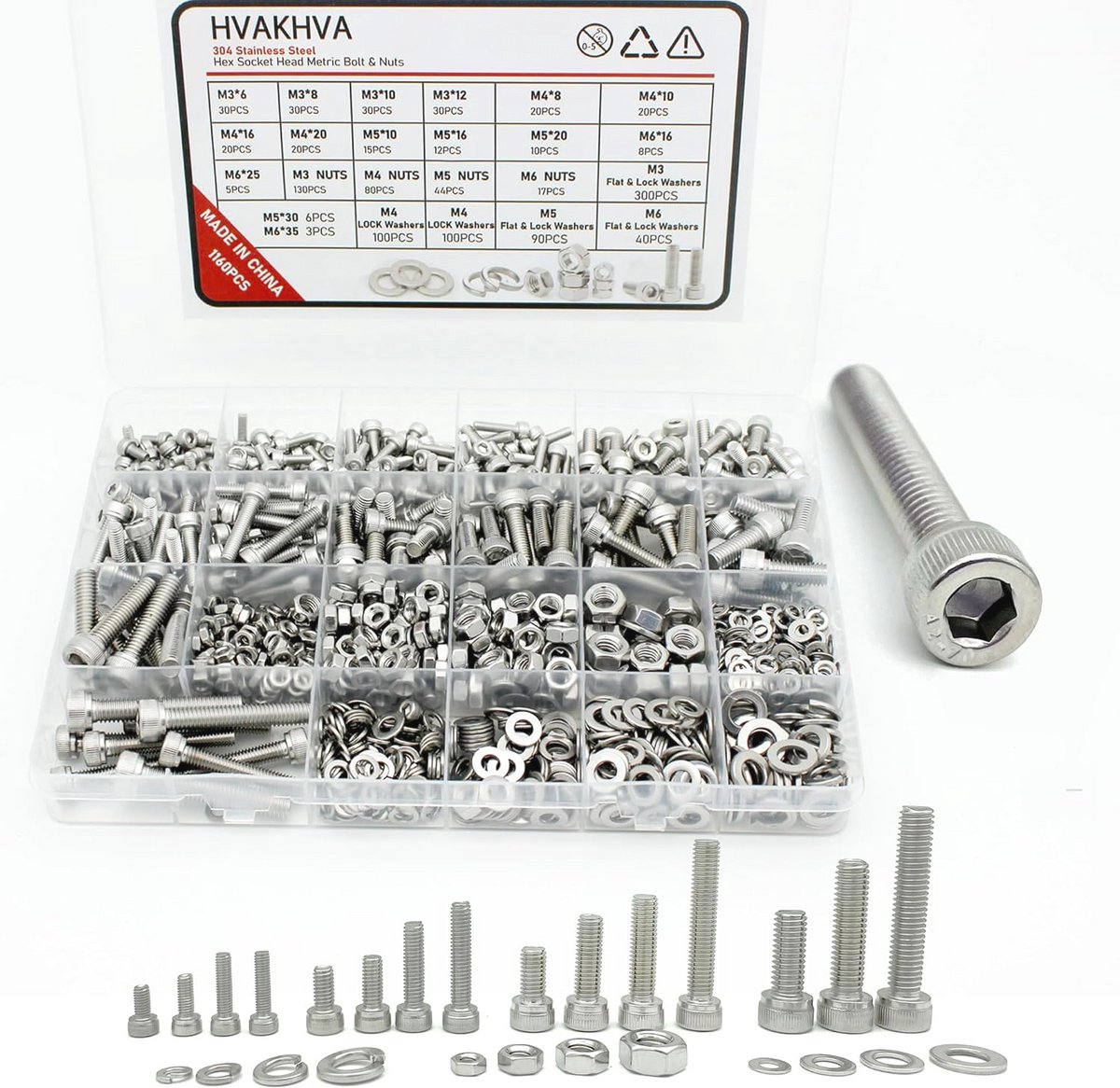 Schroevenset Assortiment M3/M4/M5/M6 - 1160 Zeskantschroeven, Cilinderschroeven, Moeren en Sluitringen - Roestvrijstaal