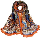 Langwerpige Dunne Dames sjaal satijn- XL Silk feeling sjaal 90x180 cm - Elegante bloemen print - zijden sjaal- Luxe shawl- Omslagsjaal voor Moederdag - Valentijnsdag cadeau| Oranje