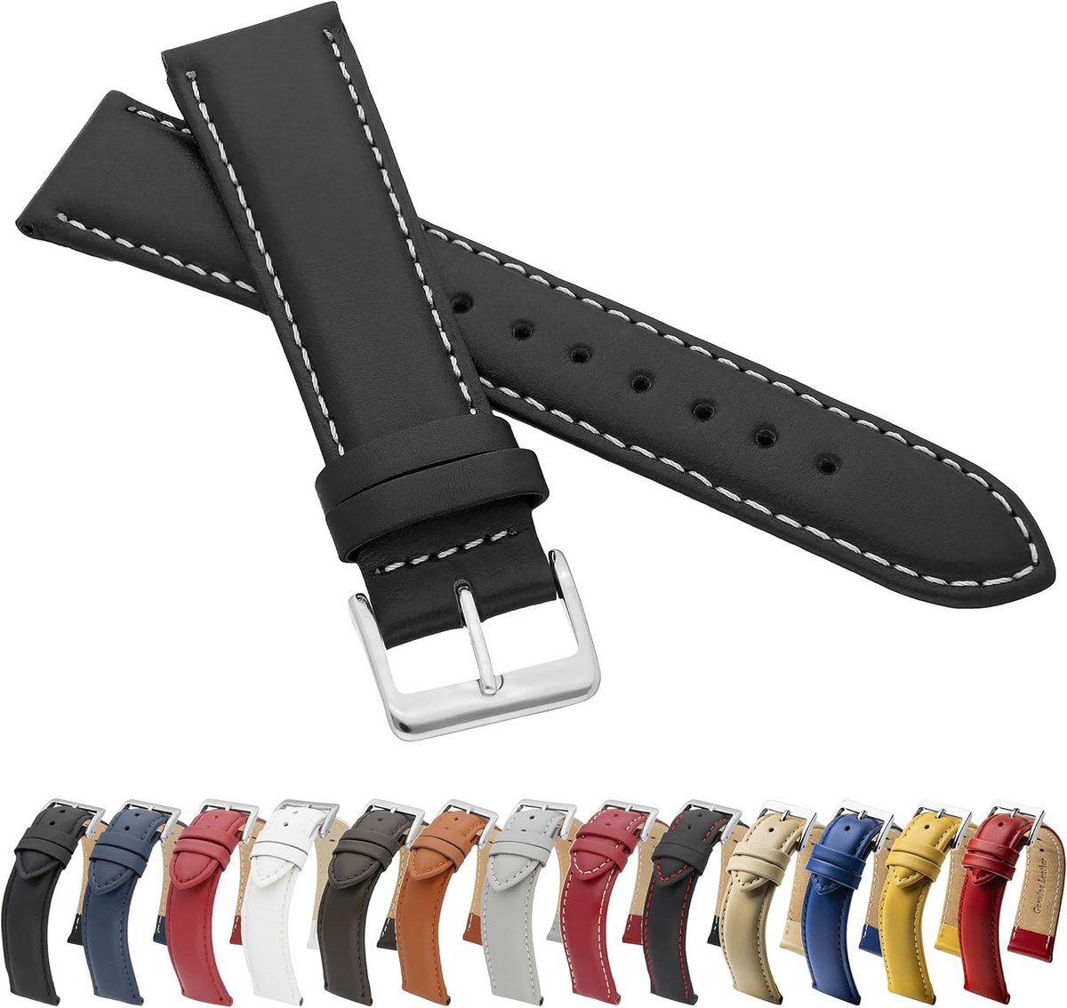 Horlogeband Echt Leer Glad Zwart-Wit 19mm Klassiek