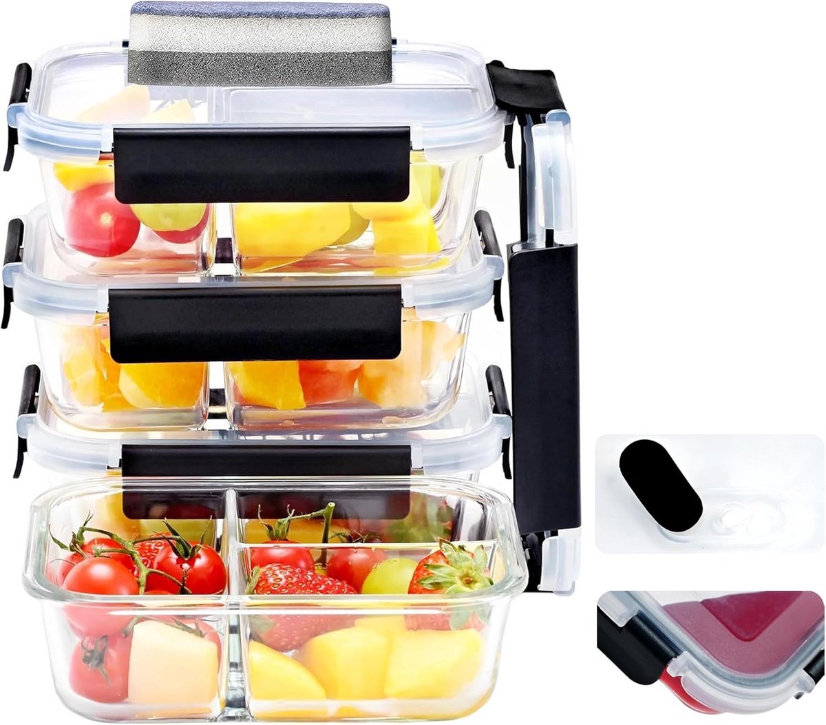 Glazen voedselcontainer met deksel - 4 x 1040 ml, 3 compartimenten, BPA-vrij