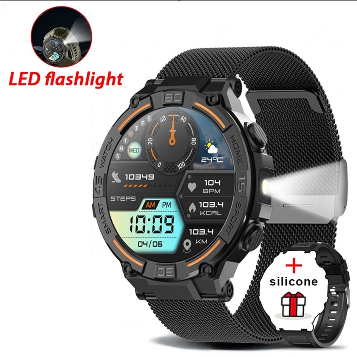 Knobbout 1.52"(3.8cm)Scherm LED Sport Smartwatch - verlichting- Bloeddrukmeting, hartslag monitoring en bloedzuurstof (SpO₂)-controle- Bluetooth belfunctie - Sedentaire herinnering-Sedentaire herinnering-Zwart stall+ siliconen horlogeband