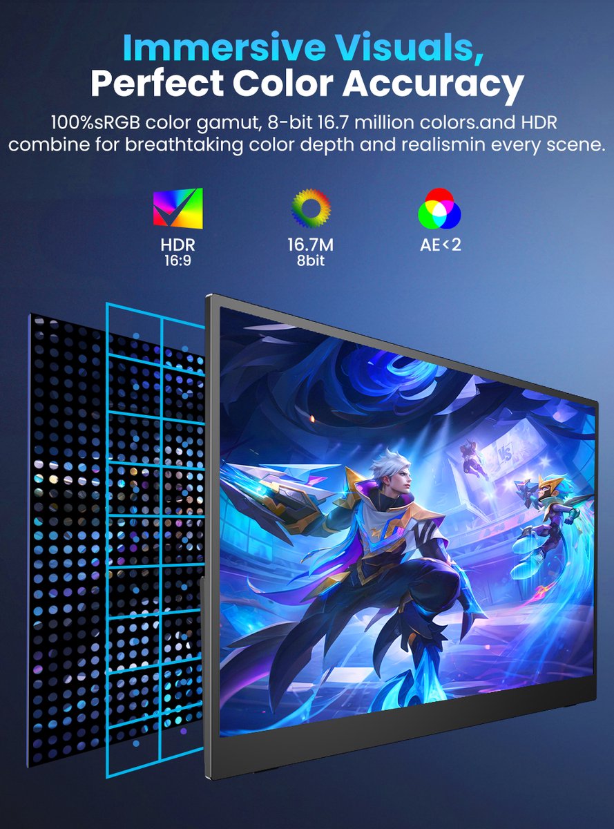 UPERFECT 17.3" Gaming Monitor 2K QHD 2560x1440 144Hz IPS 5ms 100% sRGB VESA USB-C HDMI voor PS5 PC MacBook - Afbeelding 4