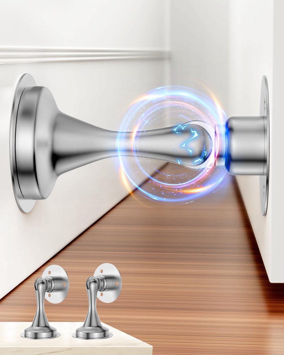 Deurstopper met magneet - Set van 2 zware roestvrijstalen deurstoppers voor montage aan de onderkant, bovenkant, muur en vloer. Boren is niet nodig. Inclusief lijm en schroeven. Sterke magneten houden de deur open (zilver).