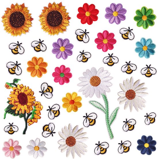 36 pièces Écusson à Repasser-Fleurs & Abeilles-application thermocollante-patchs brodés thermocollants-Patch vêtement-Applications thermocollantes avec fleurs -Pour vestes, chapeaux, sacs à dos, jeans