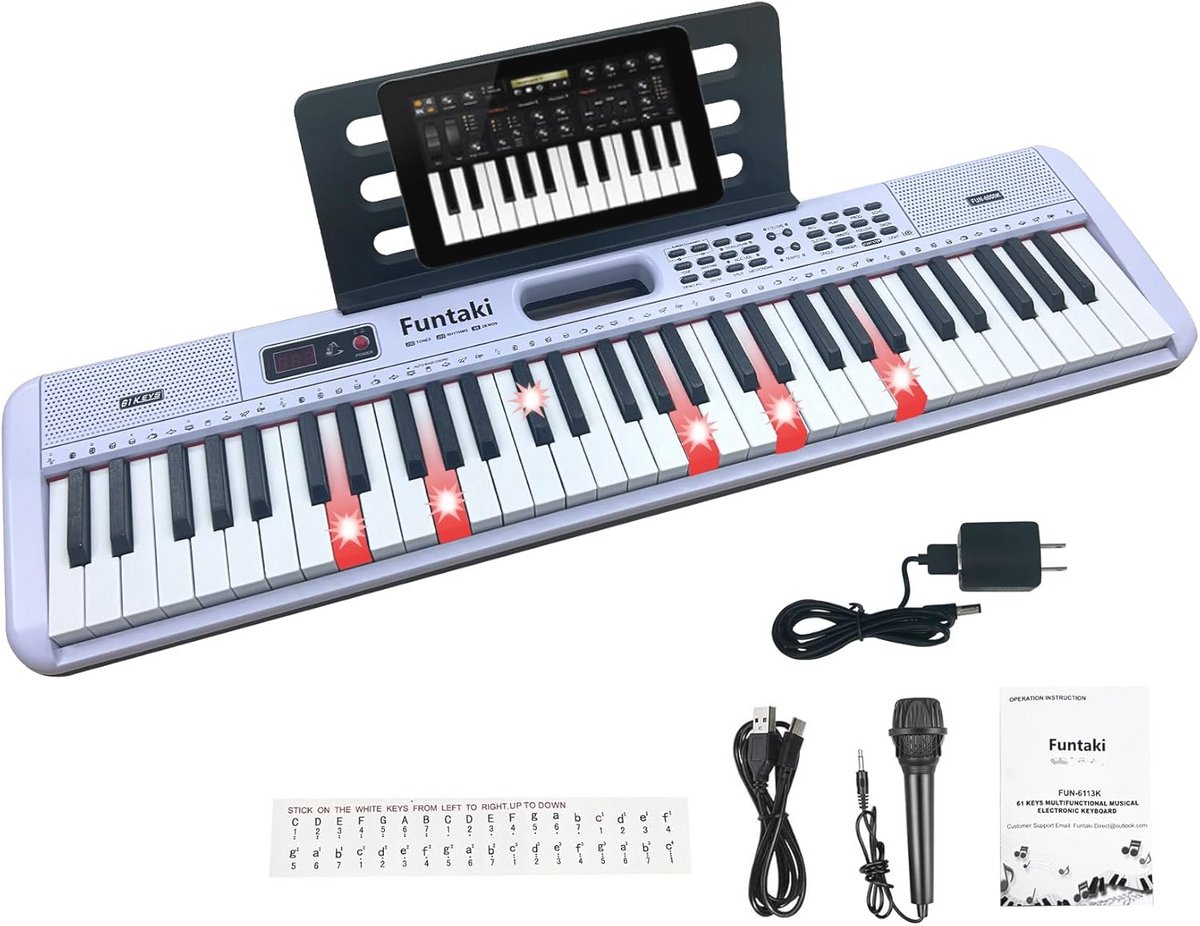 Funtaki Interactief toetsenbord met 61 toetsen voor kinderen, verlichte toetsen, MIDI-houder, 200 geluiden en demosongs, draagbare elektrische piano voor kinderen van 3 tot 7 jaar, beginners