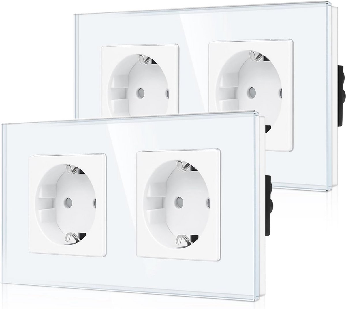 CNBINGO Dubbel stopcontact, glas, inbouw, wit, dubbel Schuko-stopcontact met kinderslot, 16 ampère, beschermend, met glazen frame, 2 stuks