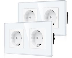 CNBINGO Dubbel stopcontact, glas, inbouw, wit, dubbel Schuko-stopcontact met kinderslot, 16 ampère, beschermend, met glazen frame, 2 stuks