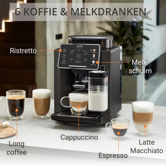 Zwarte Krups Sensation volautomatische espressomachine met een selectie van 6 koffie- en melkdranken, waaronder ristretto, espresso, cappuccino en latte macchiato.
