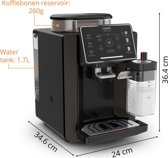 Zwarte Krups Sensation volautomatische espressomachine met afmetingen en specificaties: 36.4cm hoog, 34.6cm breed, 24cm diep, 260g bonenreservoir, 1.7L watertank.
