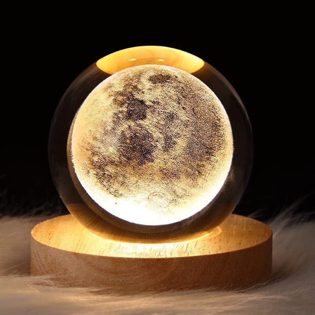 Allecta - Kristallen Bal Nachtlampje met Houten Voet - Fantasie Decor, Maan LED Galaxy Planet Slaapkamer Decoratie Gift