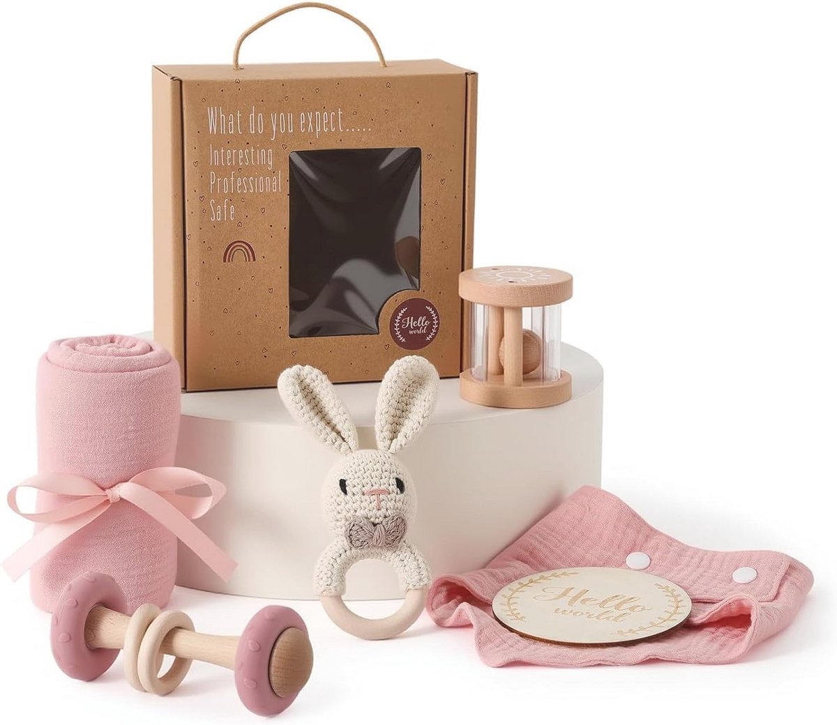 Cadeauset voor Pasgeborenen - 6-delige Babycadeauset met Badhanddoeken, Slabbetjes, Houten Speelgoed en Mijlpaalkaarten