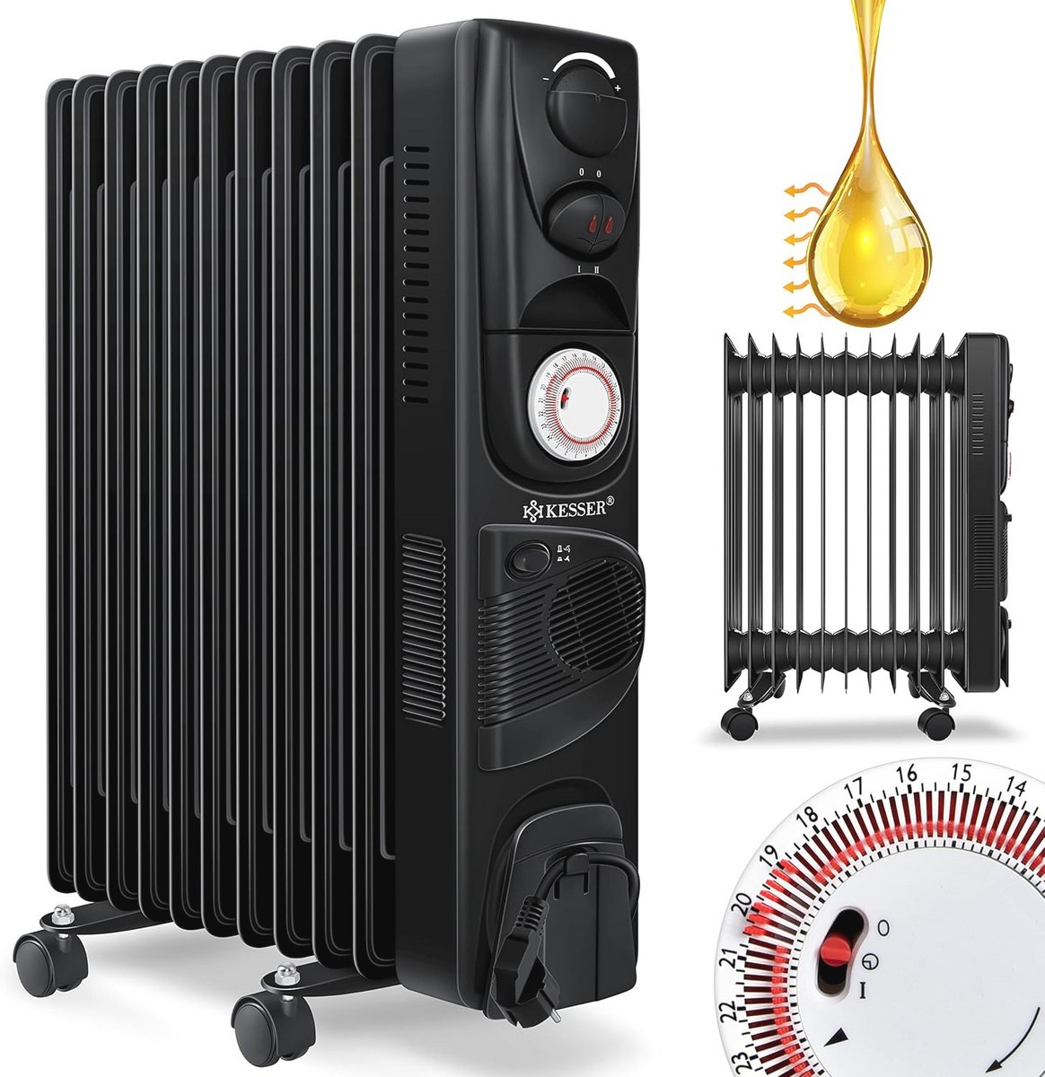 Energiebesparende elektrische olieradiator met 11 ribben en geïntegreerde timer - 2500 Watt
