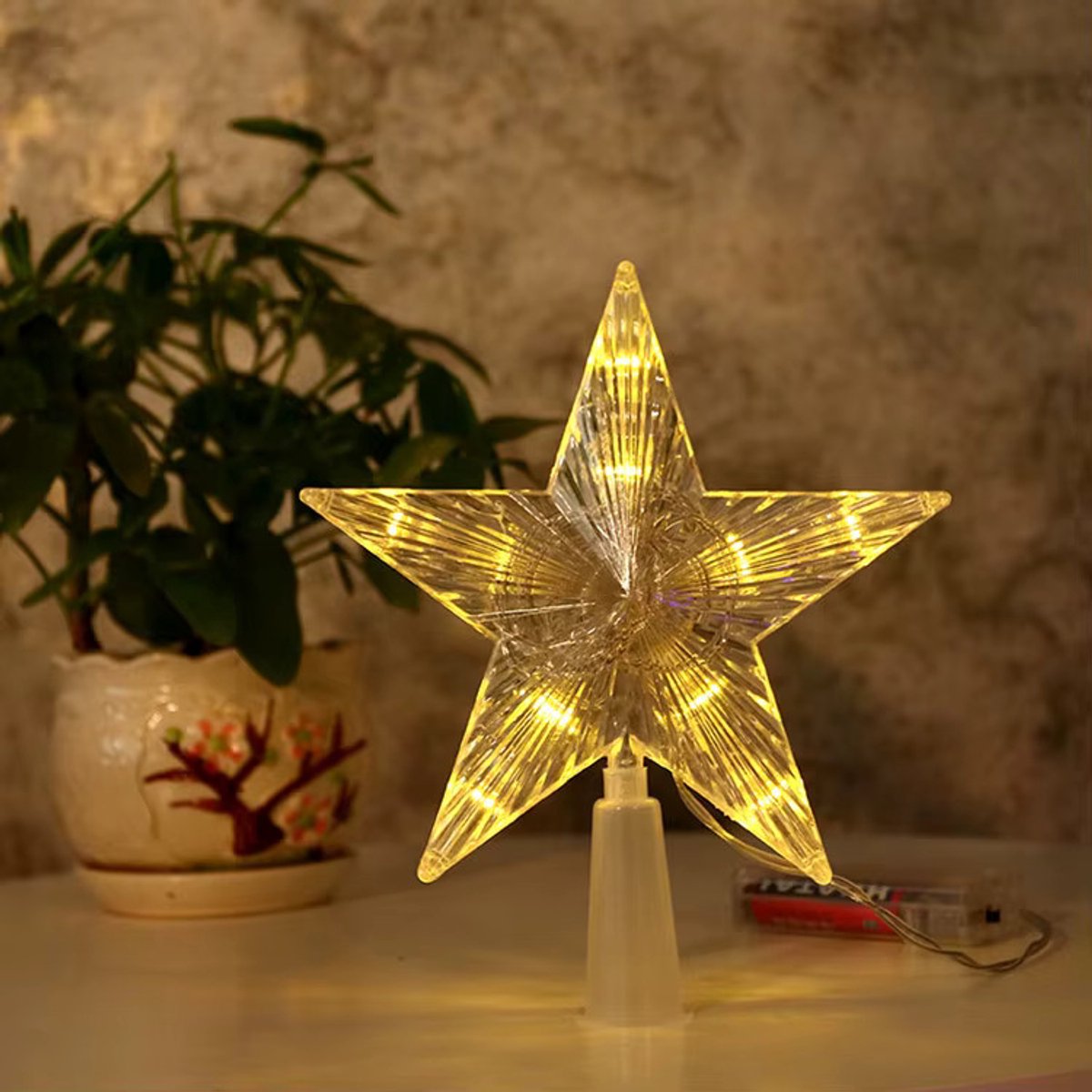 Kerstboom Piek - Kerstboom Topper - Kerstversiering kerstboom - LED Ster - Met verlichting - Werkt op Batterij - 15 cm - Warm White